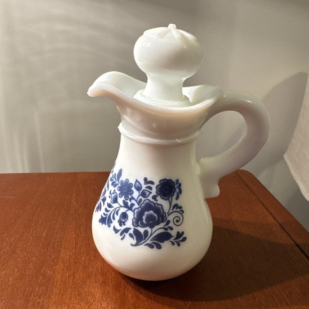 Vintage Avon Blue & White floral Pitcher with stopper Skin So Soft bath oil